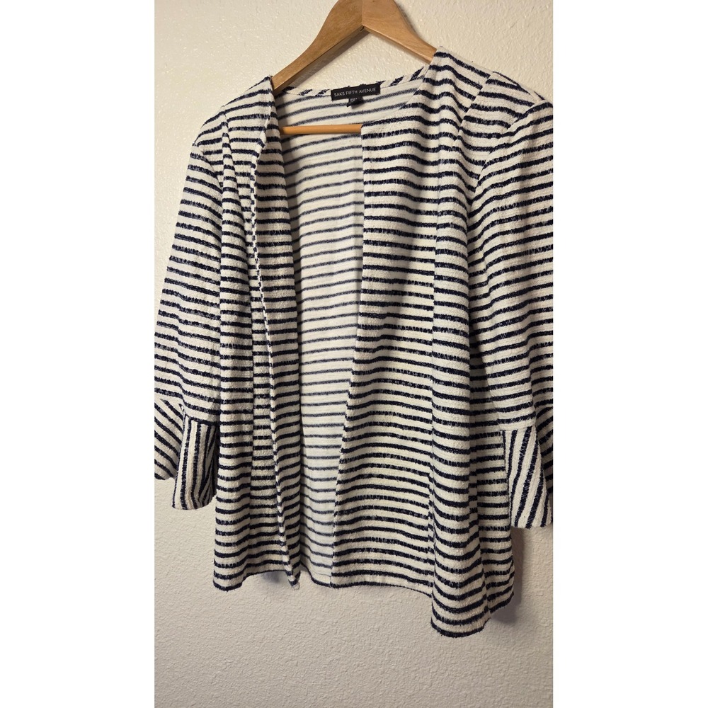 Saks Fifth Ave Breton Striped Open Front Cardigan Coastal Chic Lightweight XL - Picture 3 of 7